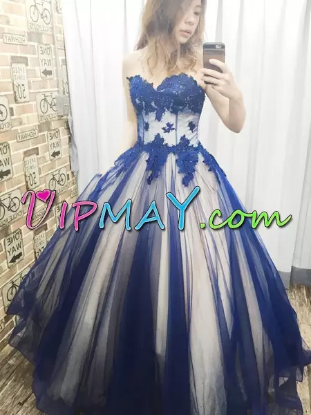 Graceful Tulle Sleeveless Floor Length Prom Dresses and Beading and Appliques