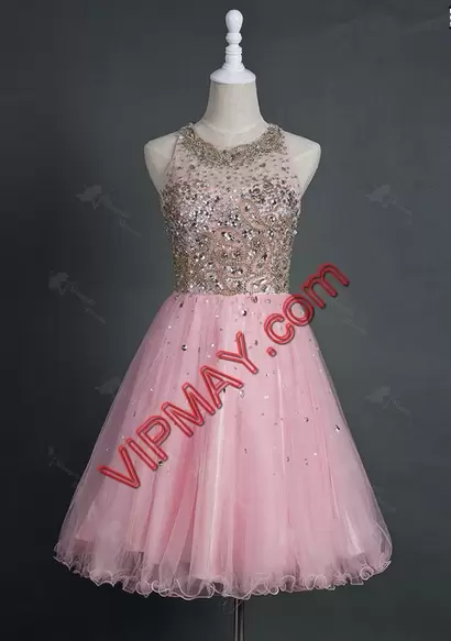 Super Beading Hoco Dress Pink Zipper Sleeveless Floor Length