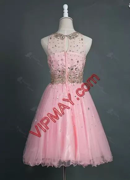 Super Beading Hoco Dress Pink Zipper Sleeveless Floor Length