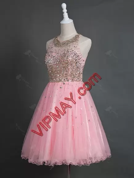 Super Beading Hoco Dress Pink Zipper Sleeveless Floor Length