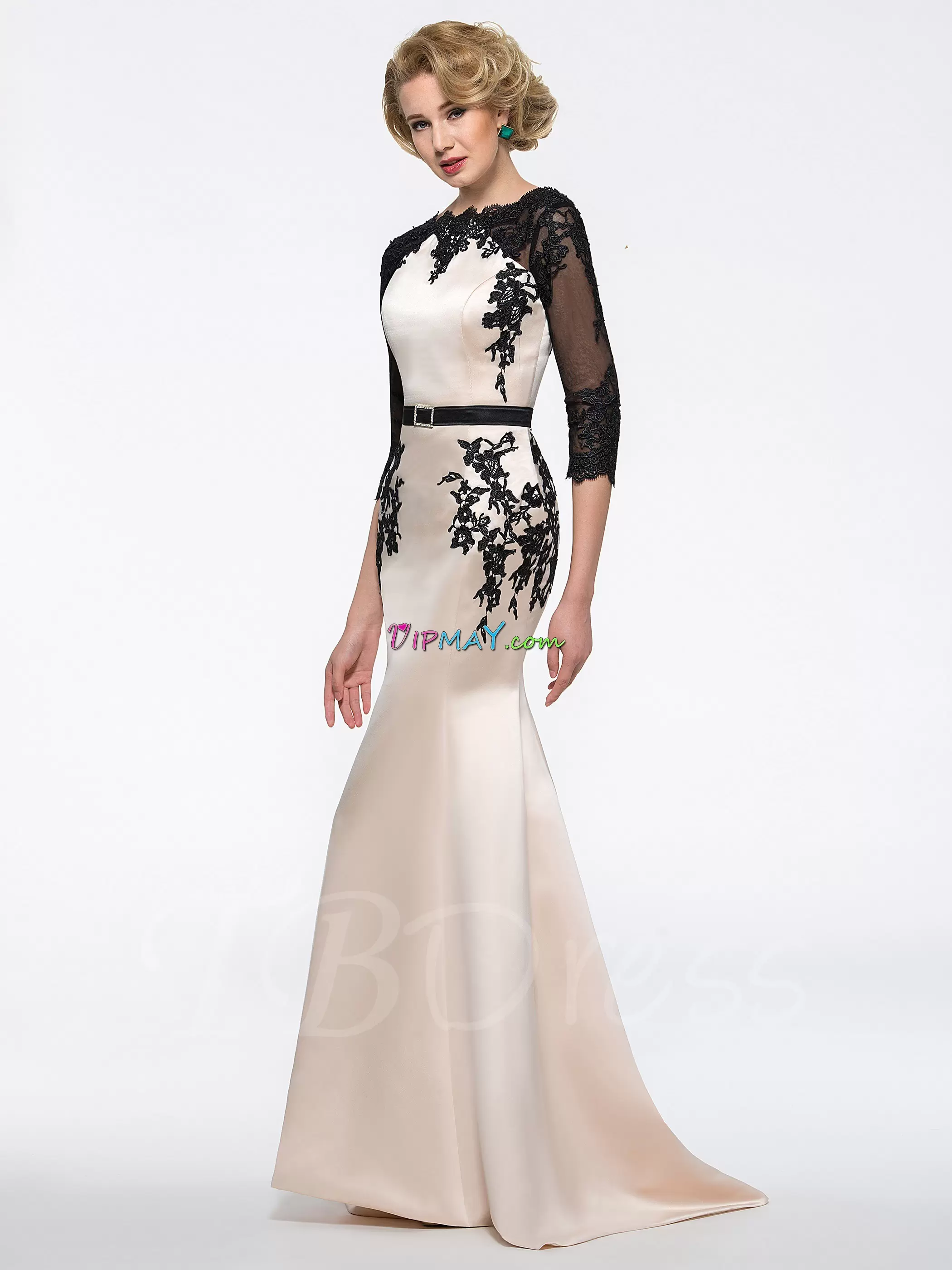 Stylish Scoop Half Sleeves Evening Party Dresses Champagne Satin Lace