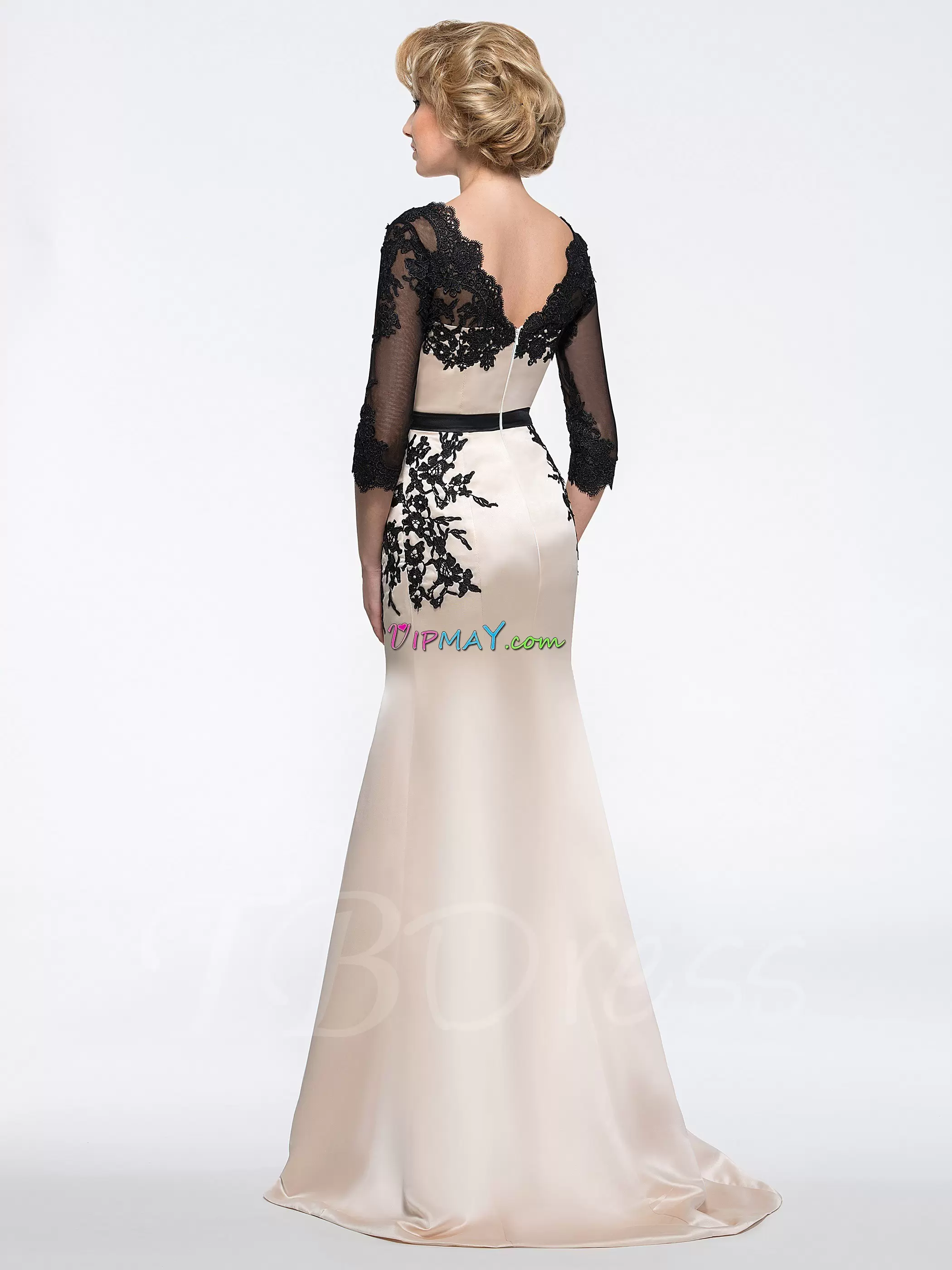 Stylish Scoop Half Sleeves Evening Party Dresses Champagne Satin Lace