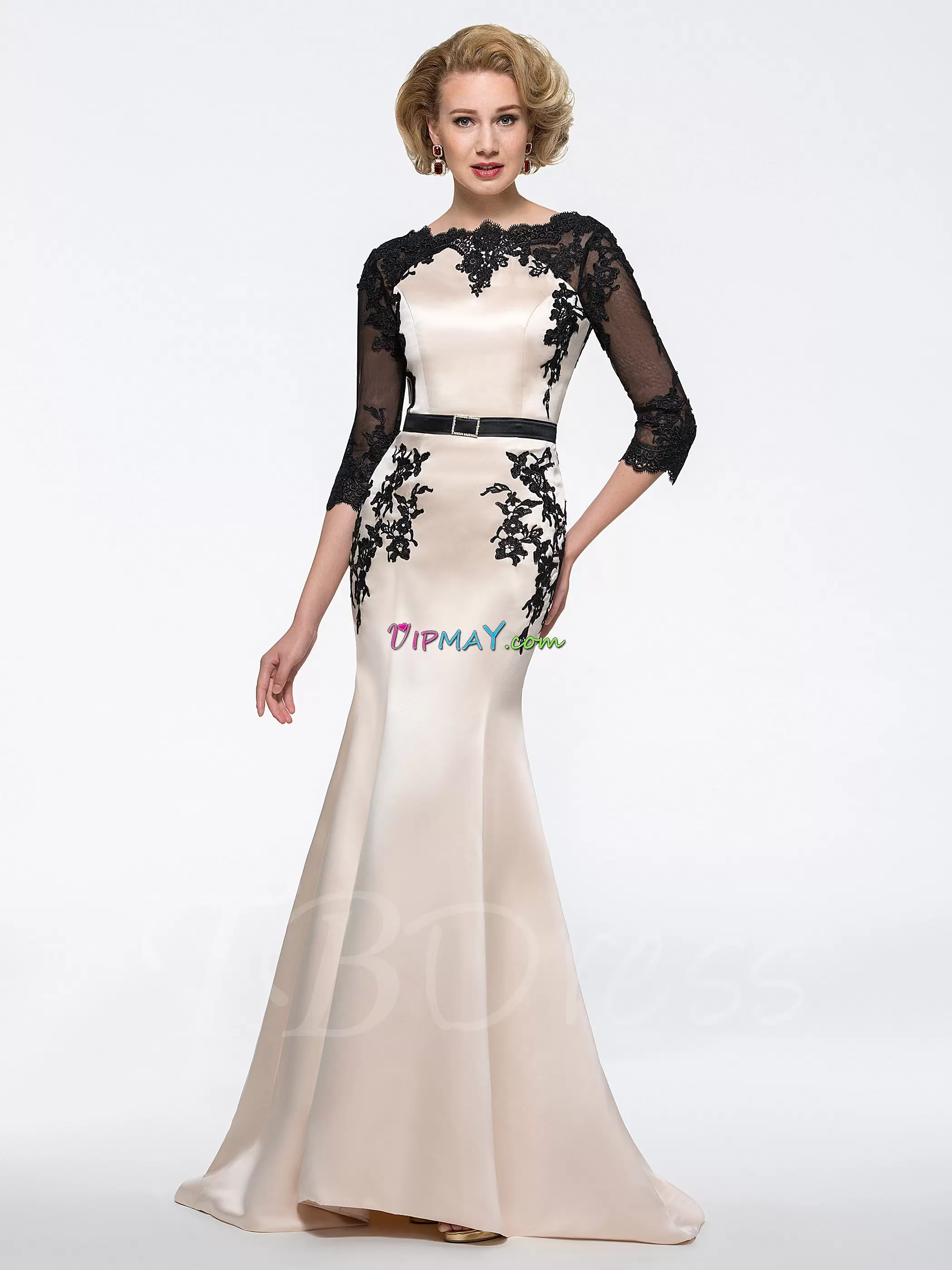 Stylish Scoop Half Sleeves Evening Party Dresses Champagne Satin Lace