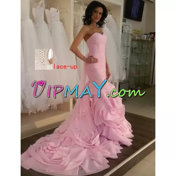 Great Chiffon Sleeveless Prom Evening Gown Brush Train and Ruching