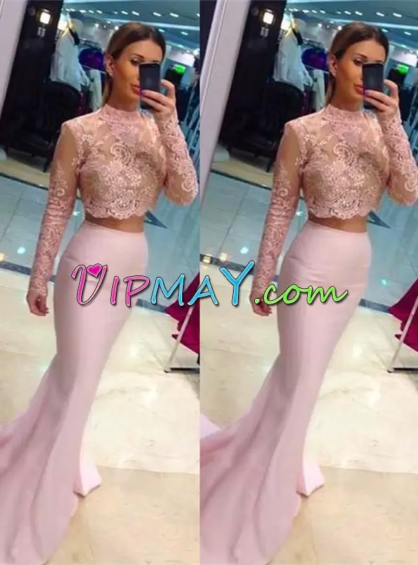 Excellent Pink Long Sleeves Sweep Train Lace Up Prom Dress for Prom and Party