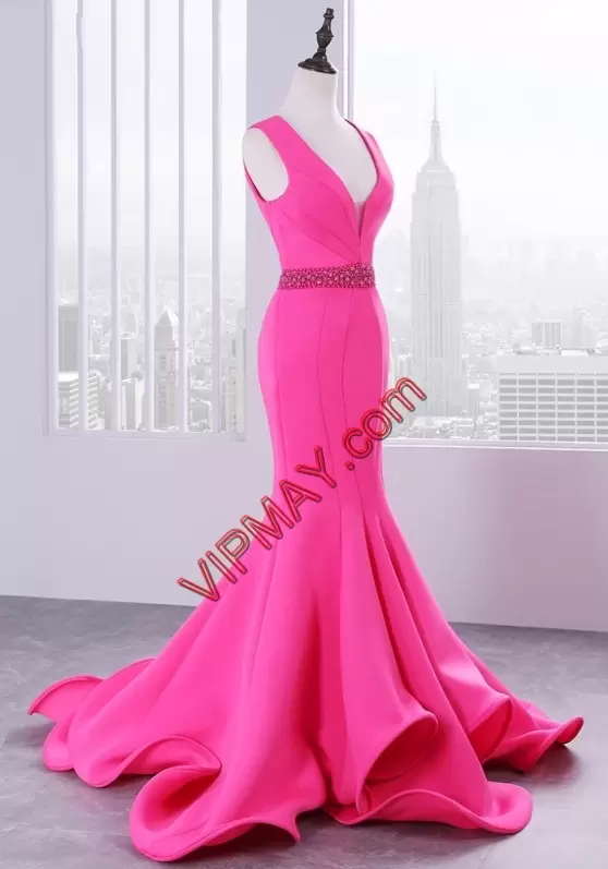 Rose Pink V-neck Neckline Ruching Prom Dress Sleeveless Lace Up