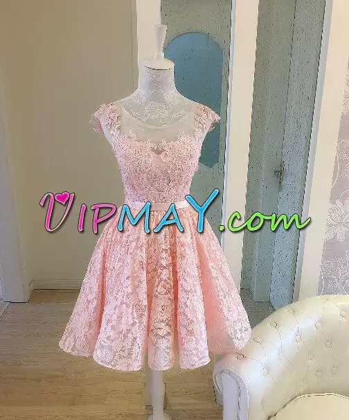 A-line Junior Homecoming Dress Pink Scoop Lace Short Sleeves High Low Lace Up