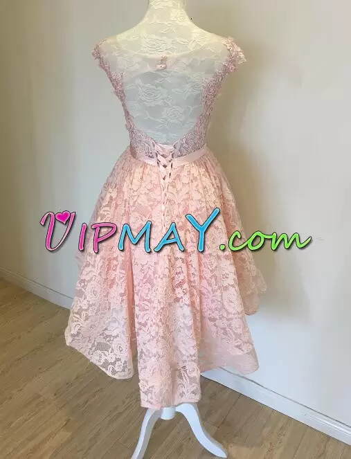 A-line Junior Homecoming Dress Pink Scoop Lace Short Sleeves High Low Lace Up