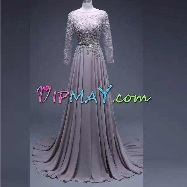 Spectacular Grey Chiffon Lace Up Prom Gown Long Sleeves Sweep Train Lace