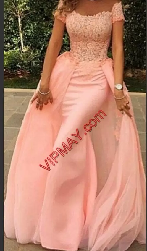 Fantastic Floor Length Pink and Peach Evening Dress Organza Short Sleeves Lace