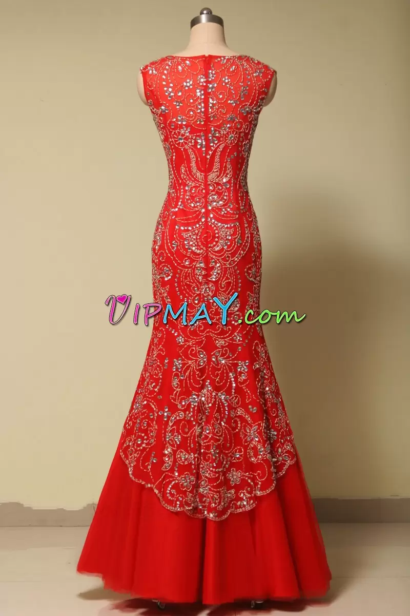 Luxurious Red Zipper Scoop Beading Prom Homecoming Dress Tulle Sleeveless