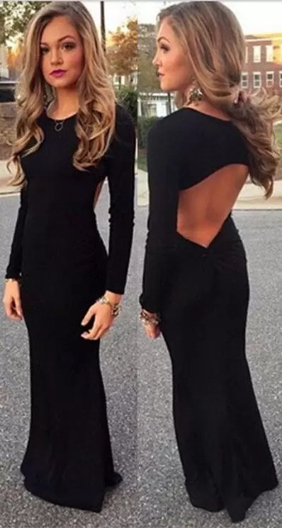 Sweet Black Long Sleeves Floor Length Ruching Backless Hoco Dress Scoop