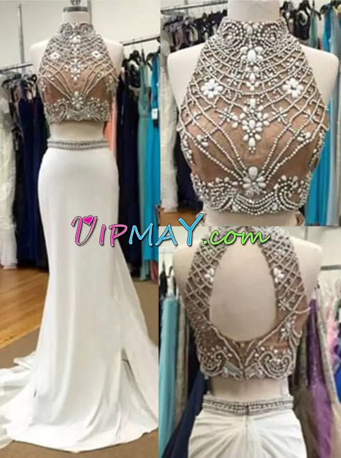 White Lace Up Sweetheart Beading and Lace Going Out Dresses Satin Sleeveless Sweep Train