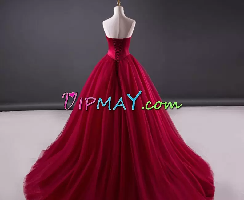 Burgundy V-neck Lace Up Ruching Prom Gown Sweep Train Sleeveless