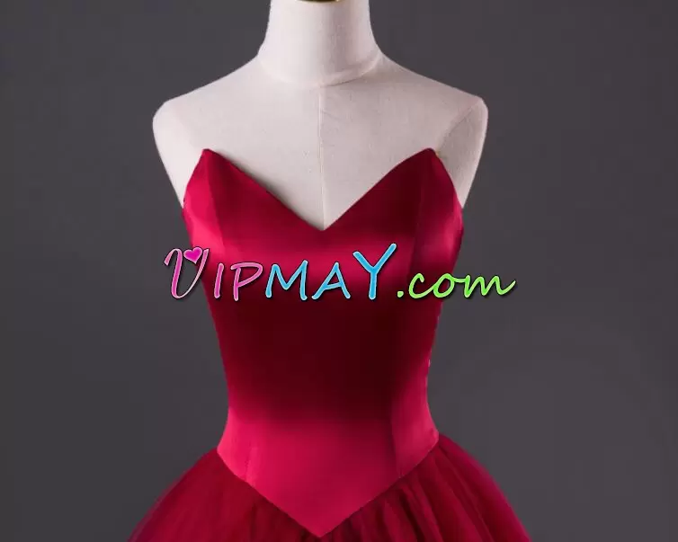 Burgundy V-neck Lace Up Ruching Prom Gown Sweep Train Sleeveless