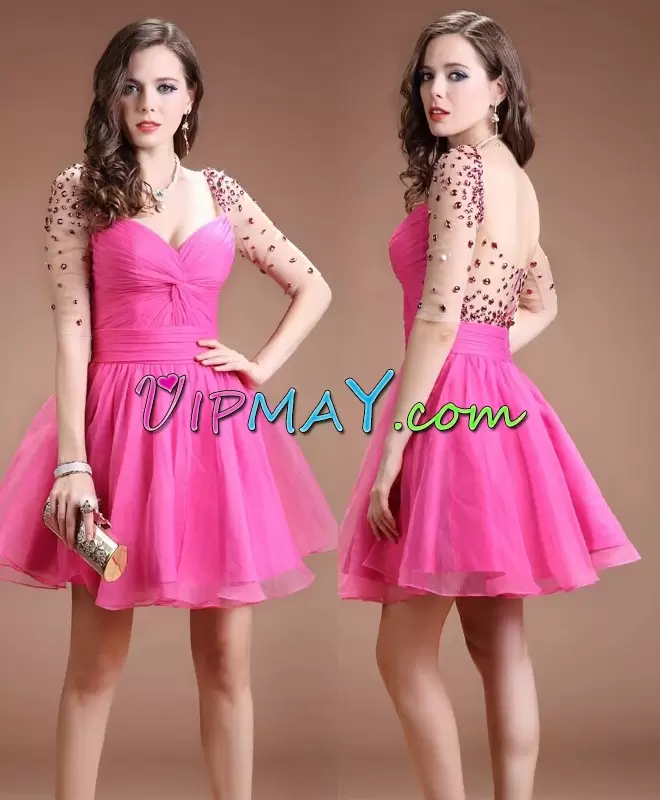 Hot Pink Prom Dresses Prom and Party with Beading Sweetheart Half Sleeves Backless