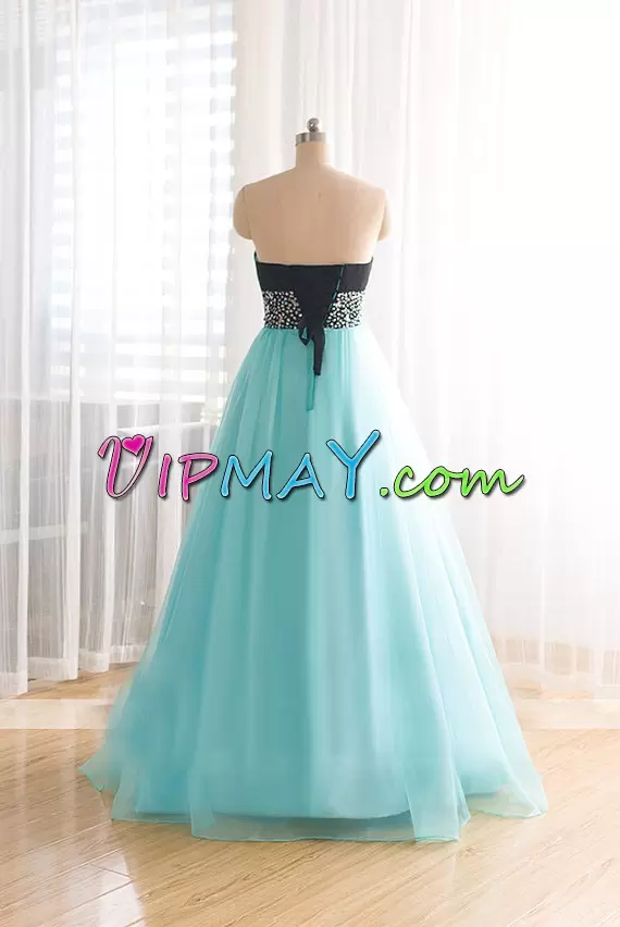 Sleeveless Floor Length Beading and Sequins Lace Up Prom Dress with Blue