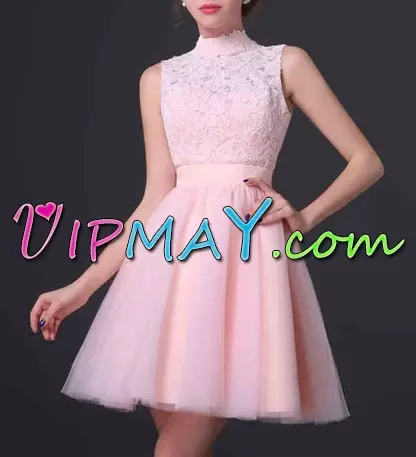 Pink Backless High-neck Ruching Tulle Sleeveless Prom Dress