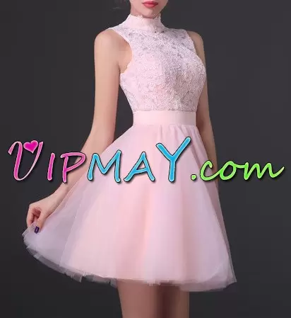 Pink Backless High-neck Ruching Tulle Sleeveless Prom Dress