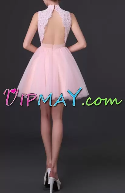 Pink Backless High-neck Ruching Tulle Sleeveless Prom Dress