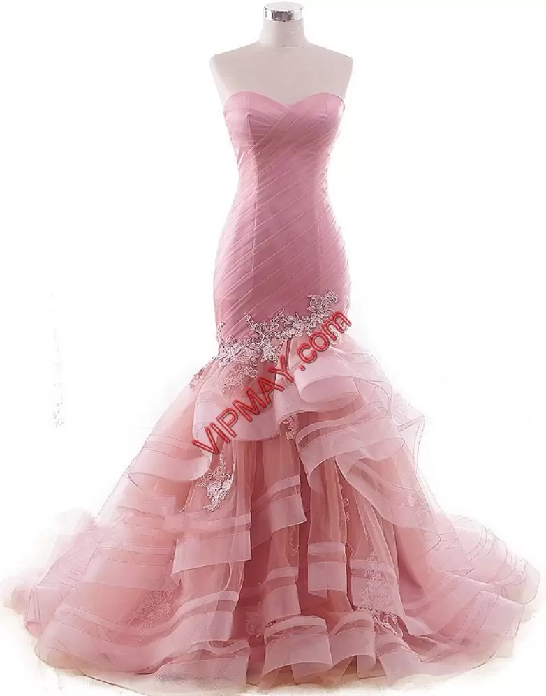 Fitting Sleeveless Floor Length Beading and Lace Lace Up with Red and Peach Sweep Train