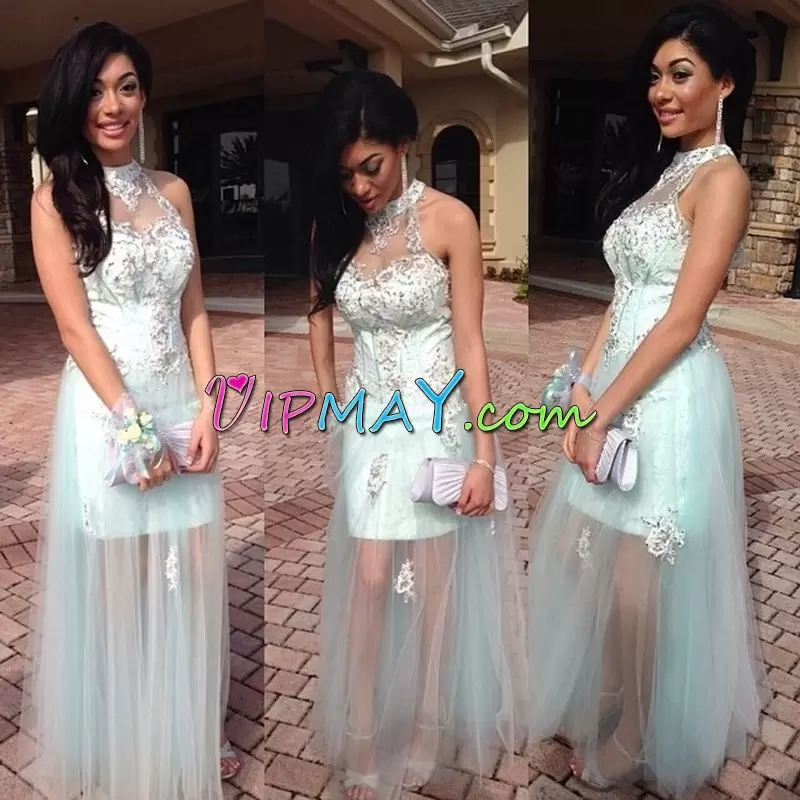 Admirable Sleeveless Halter Top Floor Length Beading and Appliques Hoco Dress Halter Top