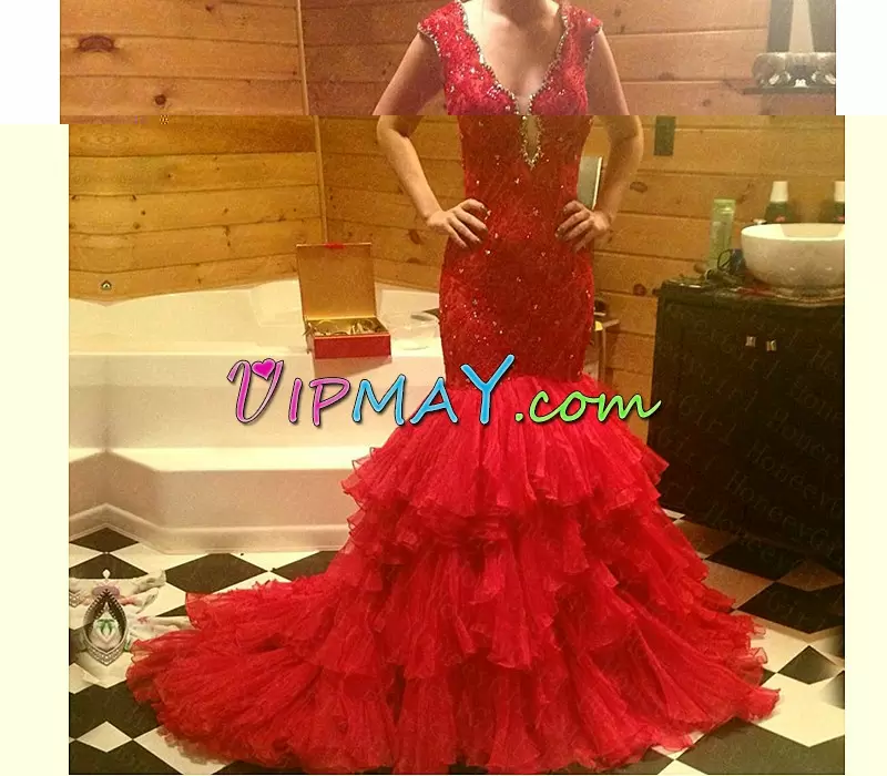 Inexpensive Red Tulle Backless Prom Dress Sleeveless Sweep Train Beading and Lace