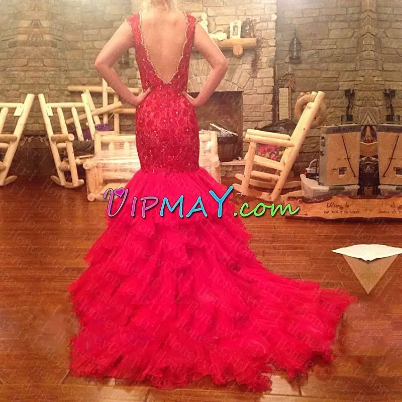 Inexpensive Red Tulle Backless Prom Dress Sleeveless Sweep Train Beading and Lace