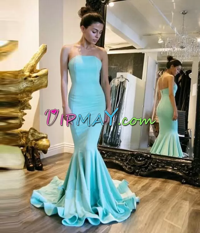 Popular Sweep Train Mermaid Evening Dress Blue Strapless Satin Sleeveless Zipper