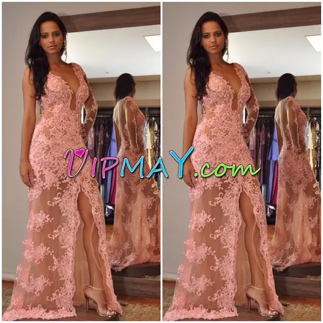Pink Sleeveless Floor Length Lace and Appliques Backless Prom Dresses V-neck