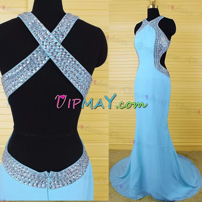 Colorful Aqua Blue Prom Dresses Halter Top Sleeveless Sweep Train Backless