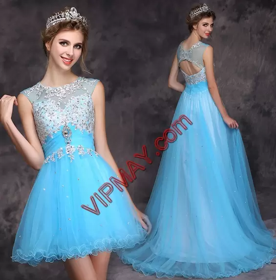 Beading Turquoise Zipper Sleeveless Sweep Train Prom Dress