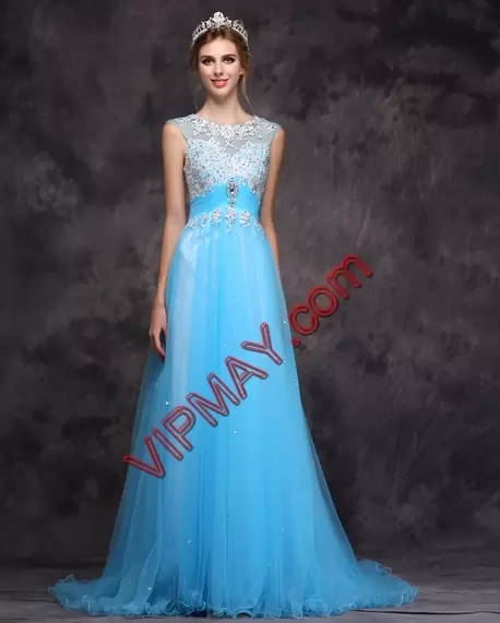 Beading Turquoise Zipper Sleeveless Sweep Train Prom Dress