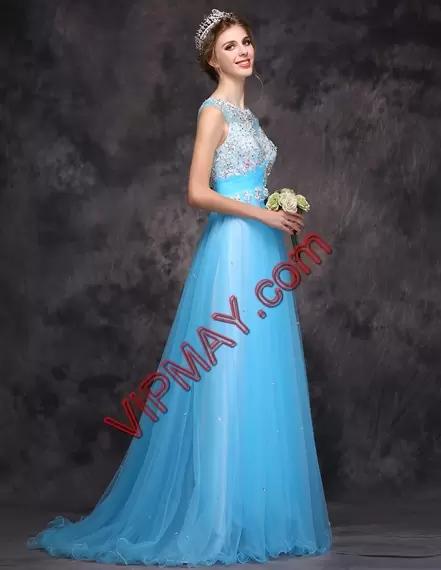 Beading Turquoise Zipper Sleeveless Sweep Train Prom Dress