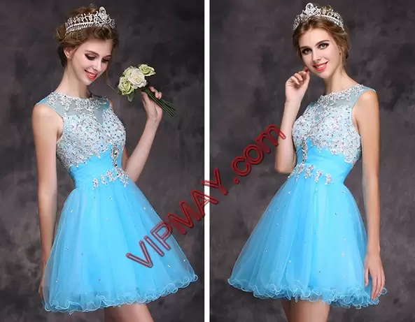 Beading Turquoise Zipper Sleeveless Sweep Train Prom Dress