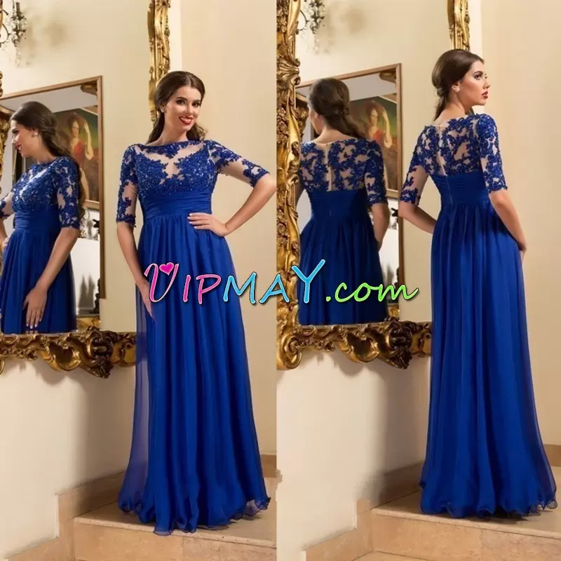 Fashionable Half Sleeves Floor Length Appliques Zipper with Royal Blue