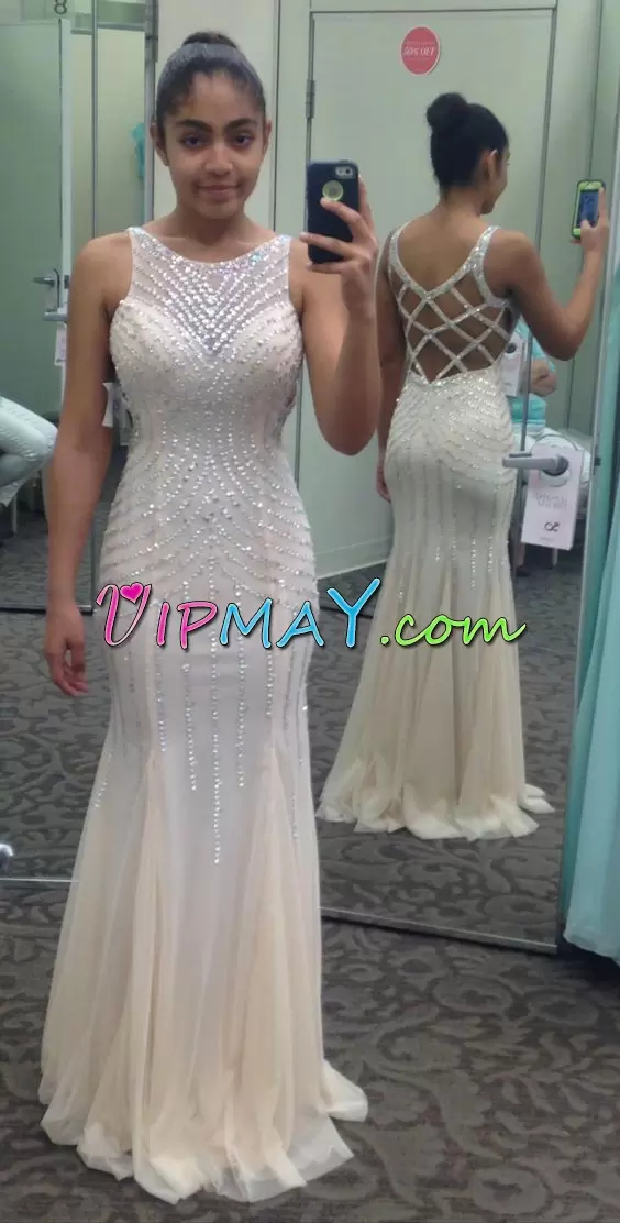 Floor Length White Prom Gown Scoop Sleeveless Criss Cross