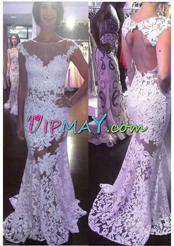 Stunning White Cap Sleeves Appliques Floor Length Homecoming Party Dress