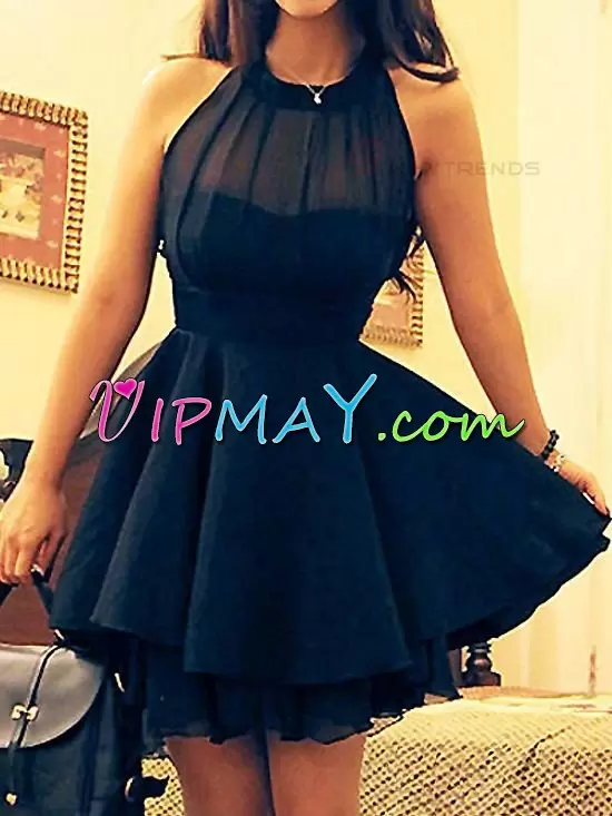 Mini Length Navy Blue Homecoming Dress Online Chiffon Sleeveless Ruching