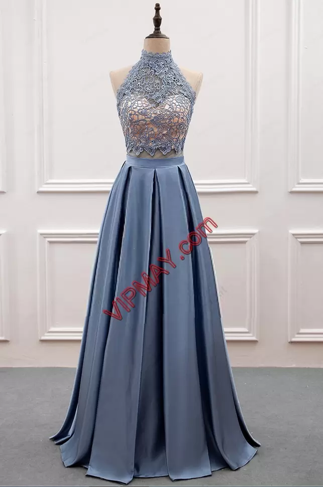 Adorable Lavender Prom Evening Gown Prom and Party with Lace High-neck Sleeveless Sweep Train Zipper