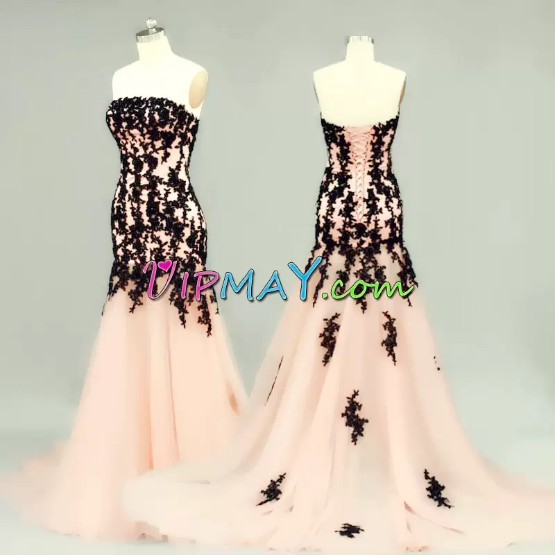 Strapless Sleeveless Sweep Train Lace Up Appliques Dress for Prom in Pink and Pink And Black