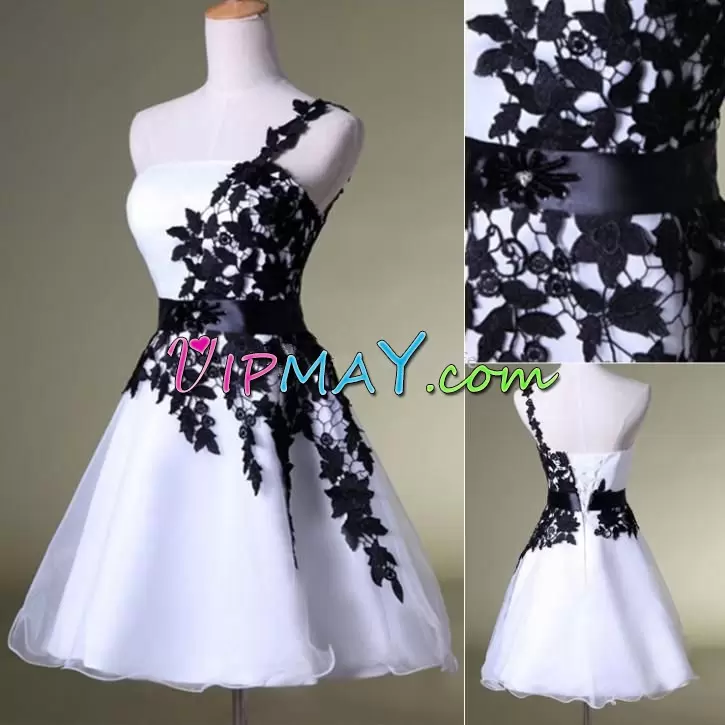 Sweet White and Black One Shoulder Lace Up Appliques and Belt Homecoming Gowns Sleeveless