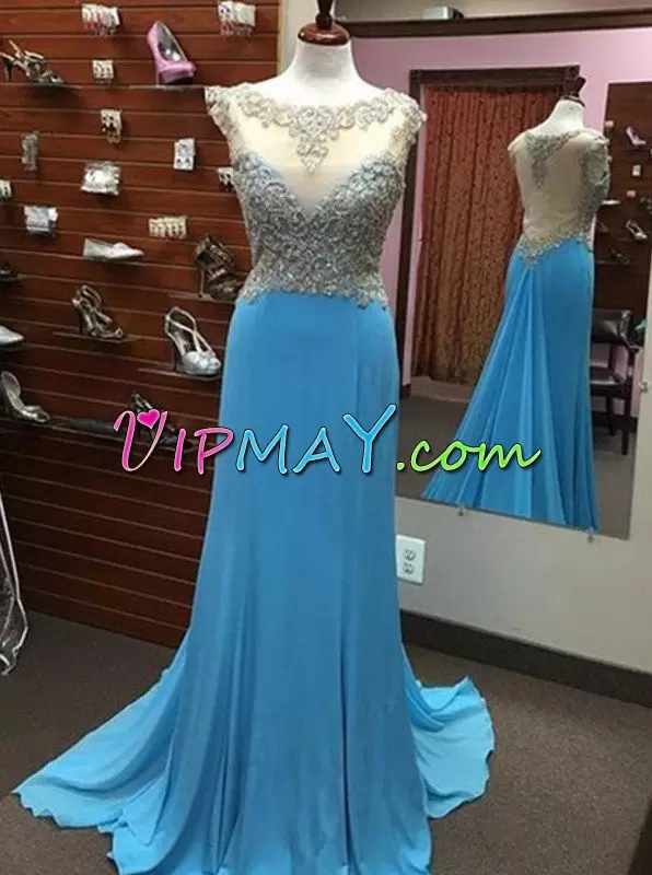 Amazing Beading and Lace Hoco Dress Blue Lace Up Sleeveless Floor Length Sweep Train