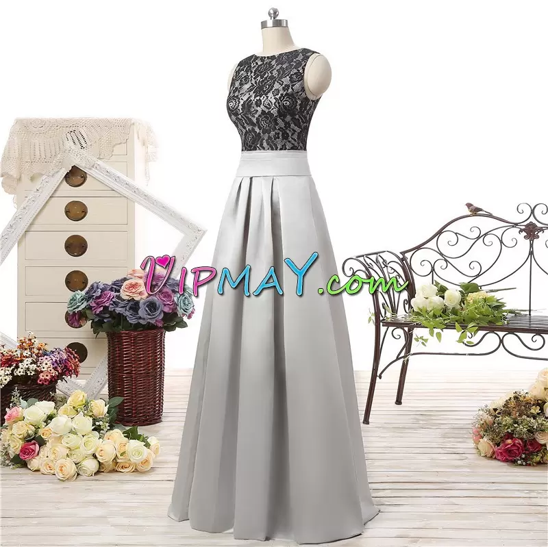 Sleeveless Satin Floor Length Zipper Homecoming Party Dress in Silver with Lace