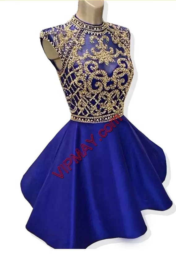 Cap Sleeves Mini Length Beading Backless with Royal Blue