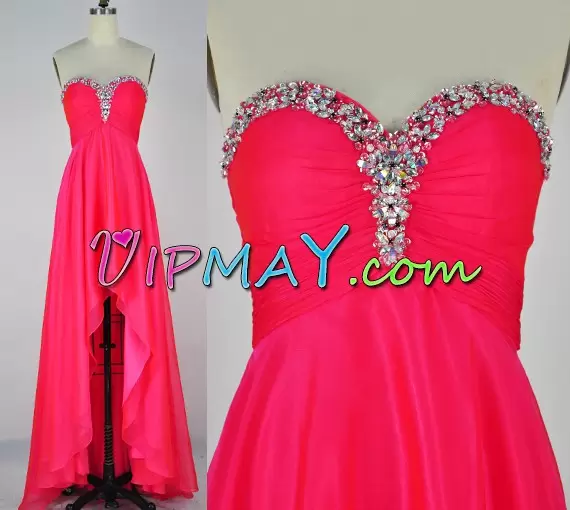 Dynamic Red Empire Sweetheart Sleeveless Chiffon High Low Lace Up Beading and Ruching Homecoming Dress Online