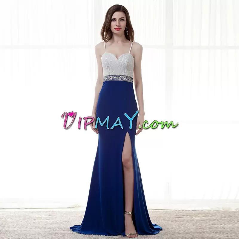 Extravagant Sleeveless Chiffon Floor Length Zipper Prom Dresses in Blue And White with Beading