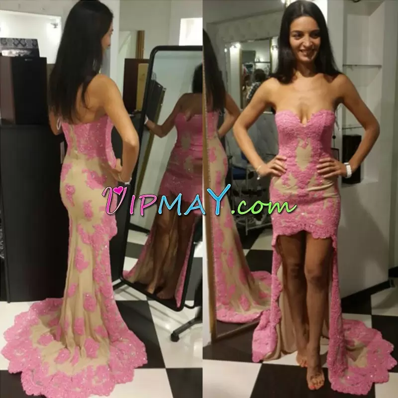 Classical Sweetheart Sleeveless Sweep Train Zipper Prom Gown Pink and Multi-color Lace and Appliques