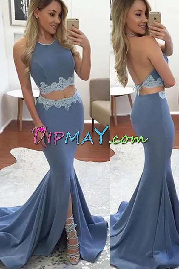 Appliques Evening Dress Blue Backless Sleeveless With Brush Train