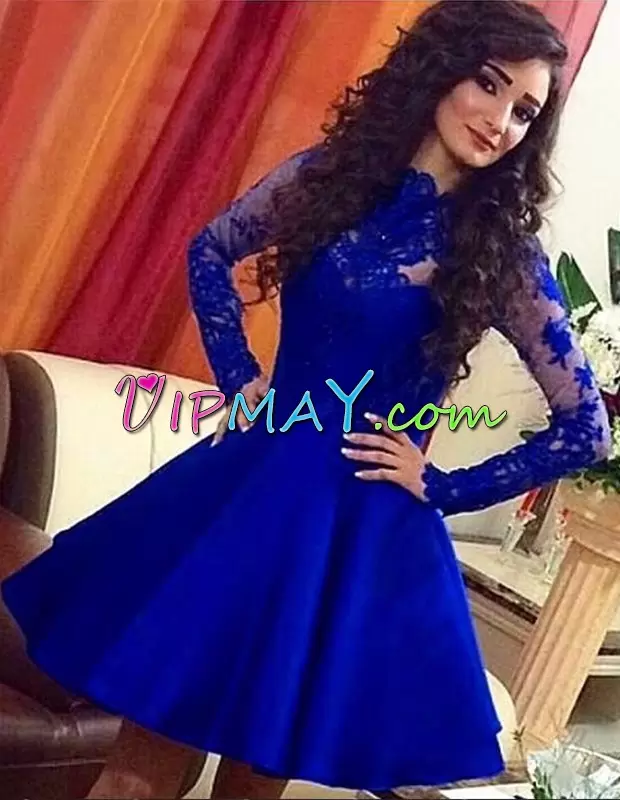 Super Mini Length Royal Blue Prom Dress High-neck Long Sleeves Lace Up